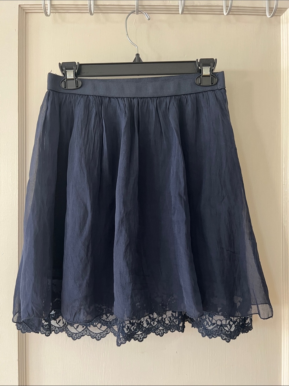Women's Navy Blue Flowy Lace-Hem Skirt